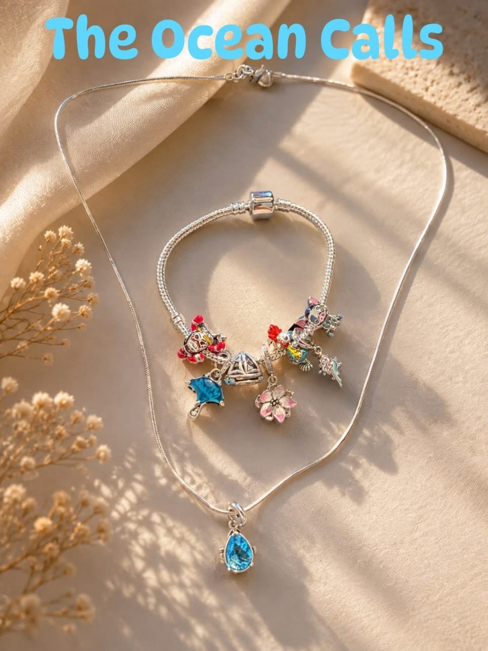 Silver Teardrop Necklace and Ocean Charm Bracelet Set - Blue & Pink